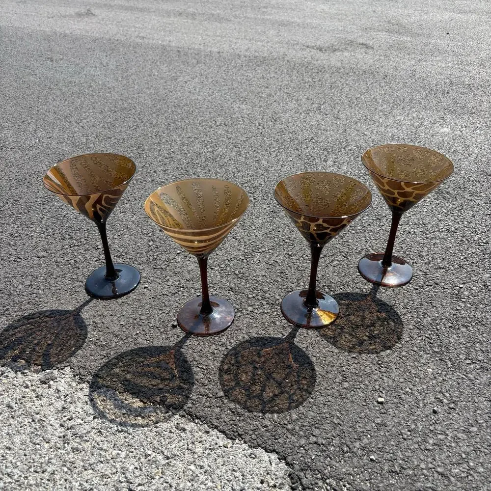 1990’s Blown Glass Brown Tortoise and Zebra Matte Vintage Martini Glasses